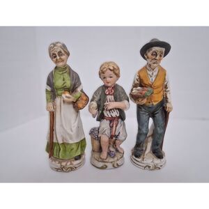 Old World Farmers Man Woman Boy Vintage 20th Century Bisque Porcelain Figurines